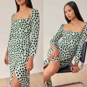 Reformation Hilda Wrap-Effect Printed Crepe Dress in Tapioca Green
